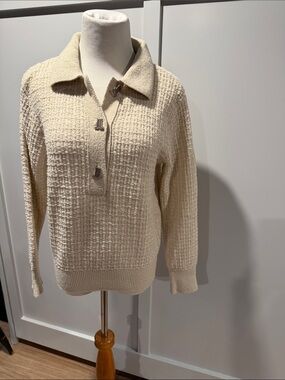 Lanvin Cream Textured Knit Cardigan with Metal Logo Button